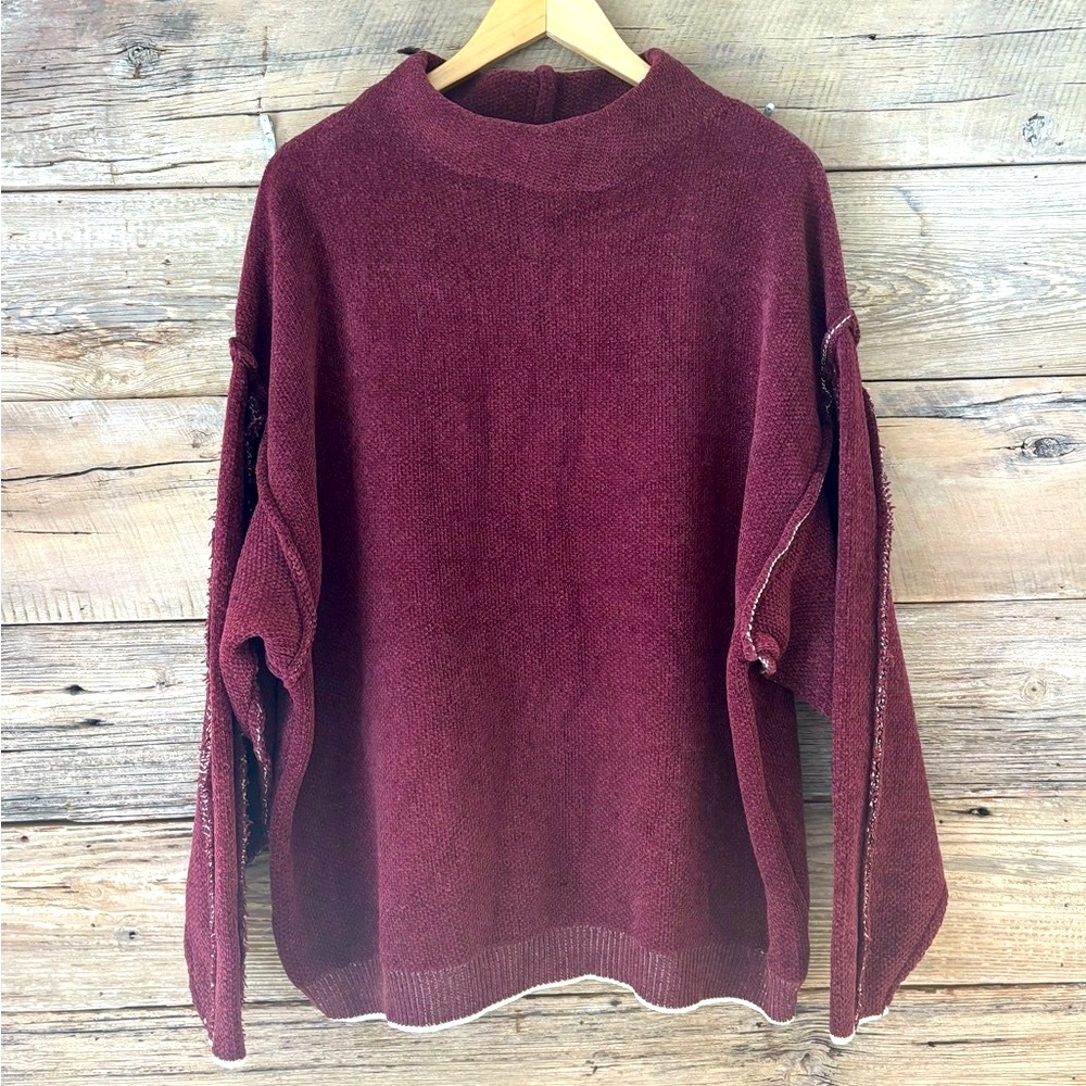 Zenana Outfitters Maroon Cowl Neck Raw Edge Sweater